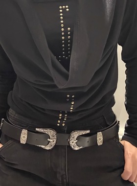 浮格Float 时尚欧美复古双扣头雕花搭配牛仔裤连衣裙女士腰带