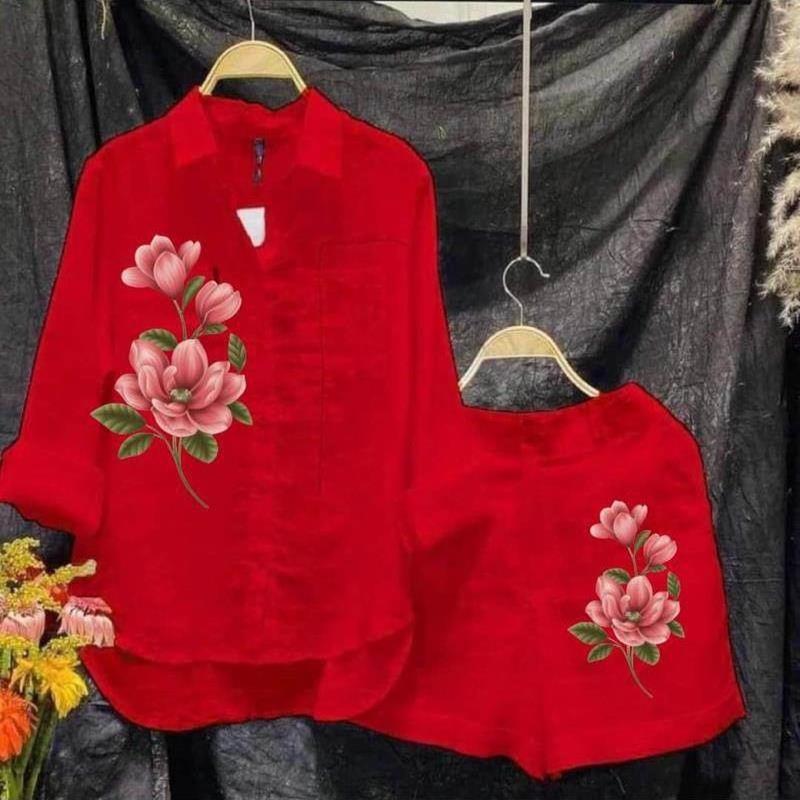 亚马逊跨境时尚新款大码女装烫图衬衫套装女休闲两件套