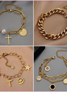 Gold Color Multilayer Cross Charm Bracelet For Women Street
