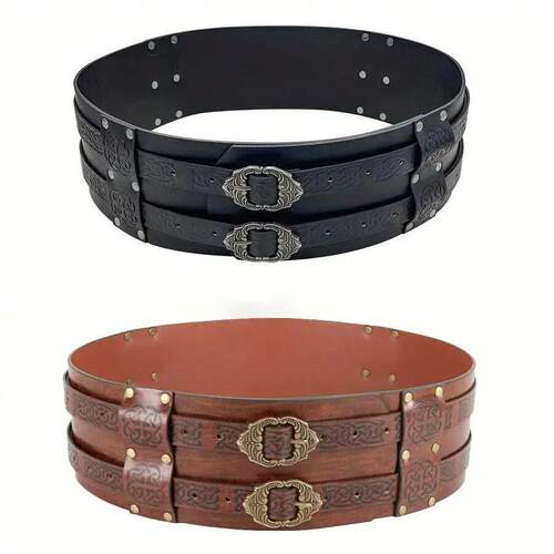 Renaissance Viking Embossed Wide Belt Medieval Faux Leather