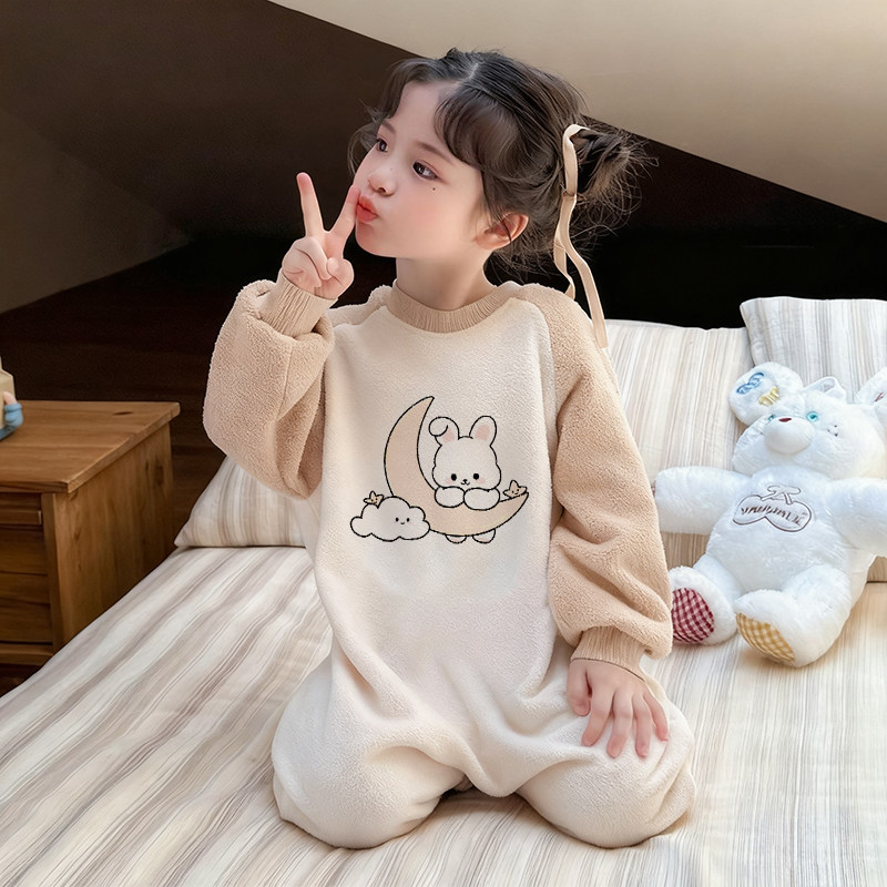春秋冬新款德绒加厚保暖女童连体睡衣儿童宝宝柔软舒服睡袋家居服