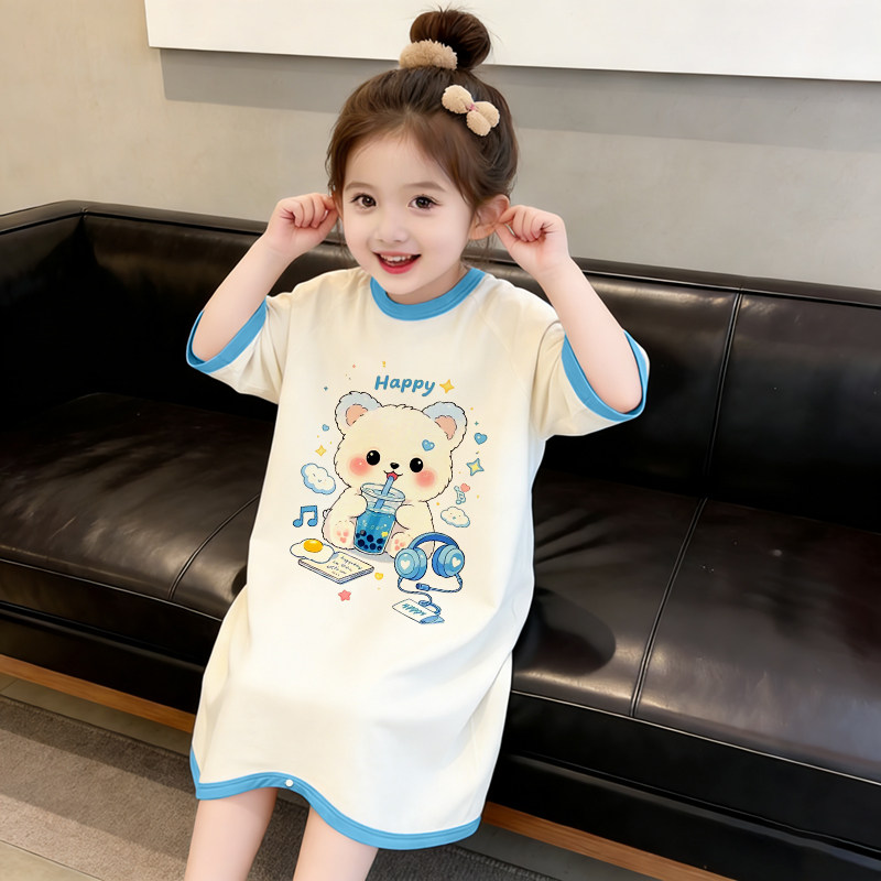 春夏季短袖新款女童莫代尔连体睡衣空调家居服儿童宝宝一粒扣睡裙