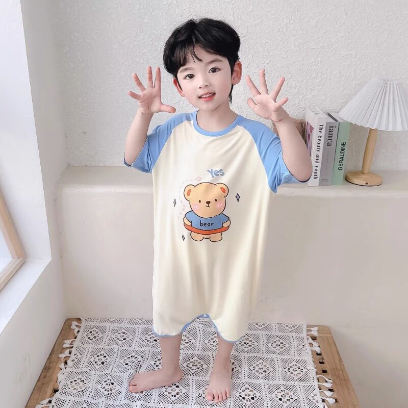 男童短袖连体睡衣夏季纯棉薄款女童连体睡裙儿童防踢护肚家居服
