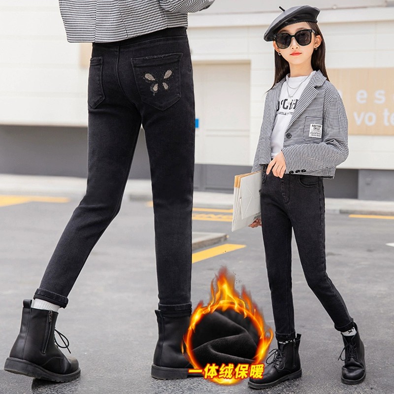 女童时尚修身一体绒牛仔裤