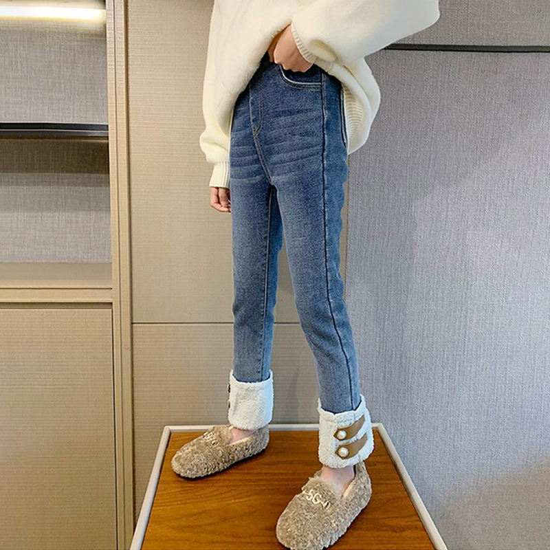 女童修身百搭加绒牛仔裤