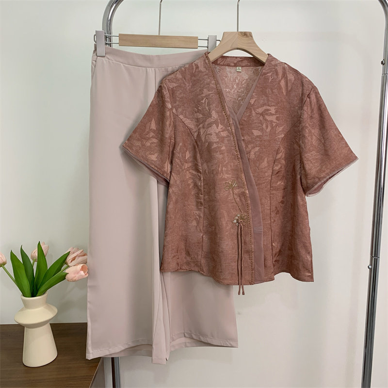 妈妈夏装套装洋气新中式国风T恤小衫中老年女高贵短袖裤子两件套