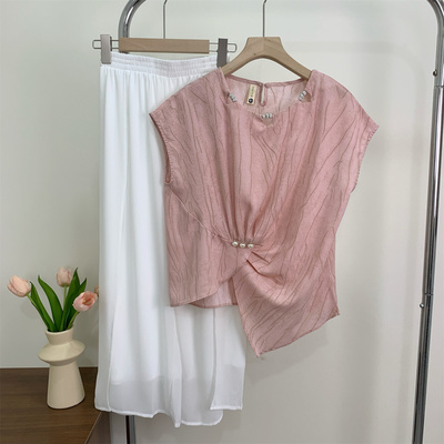 妈妈夏装短袖洋气上衣阔腿裤套装