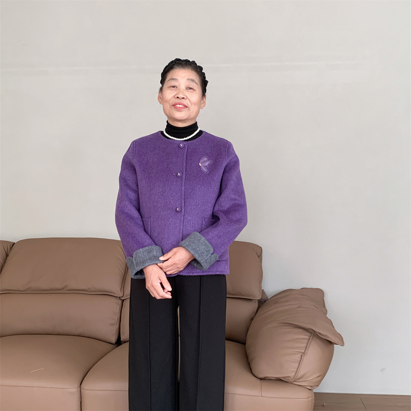 秋冬紫色双面呢短款妈妈外套减龄