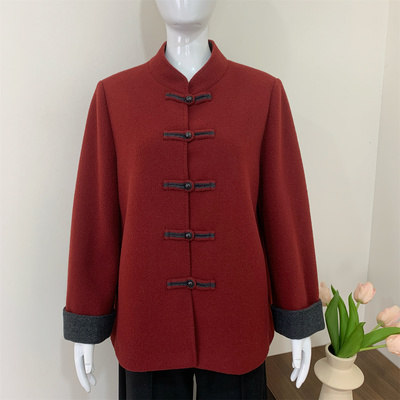妈妈秋冬装国风盘扣双面呢子外套