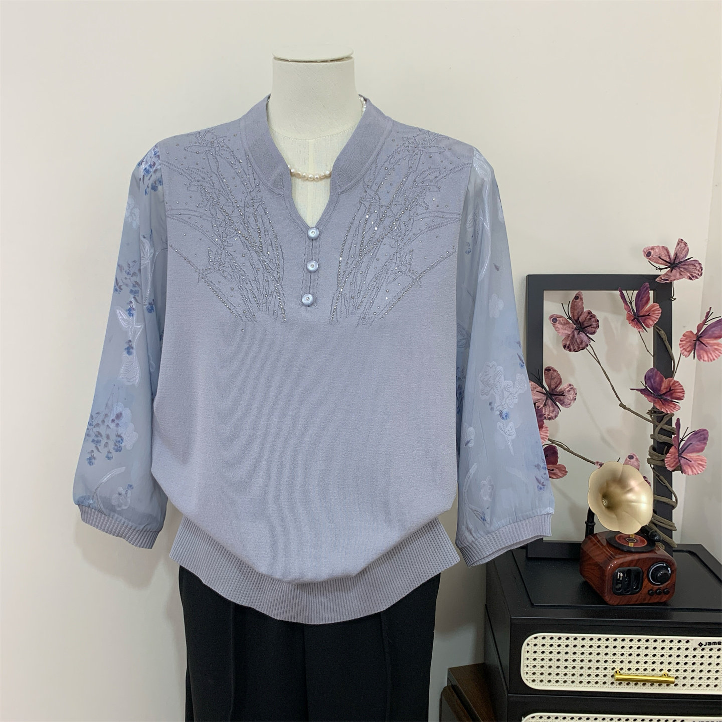 妈妈春装洋气中袖旗袍领针织T恤2026新款中老年女装春夏薄款上衣