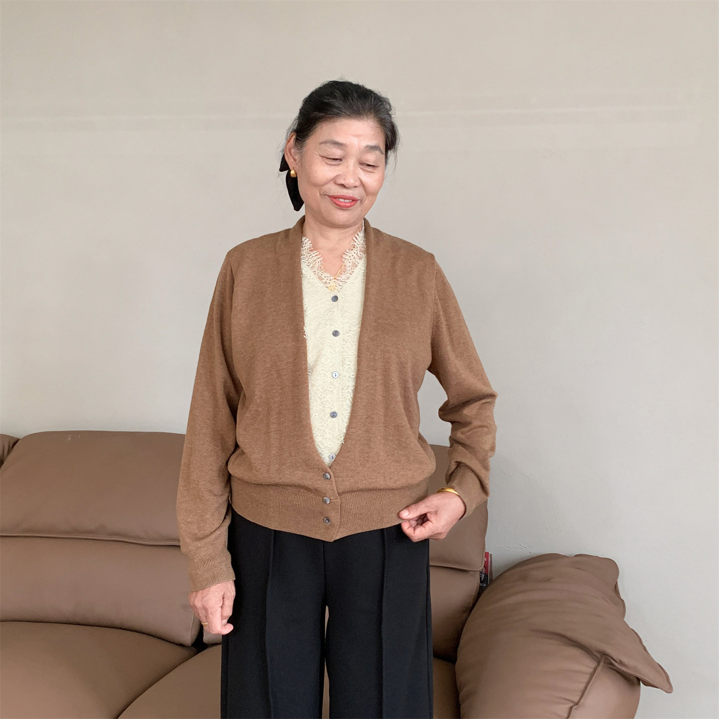 妈妈秋装时尚假两件针织开衫上衣
