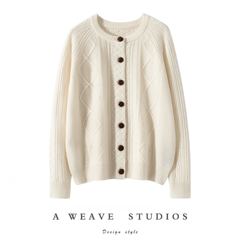 i2025年新款绞花加厚100%纯山羊绒开衫女圆领毛衣针织外套