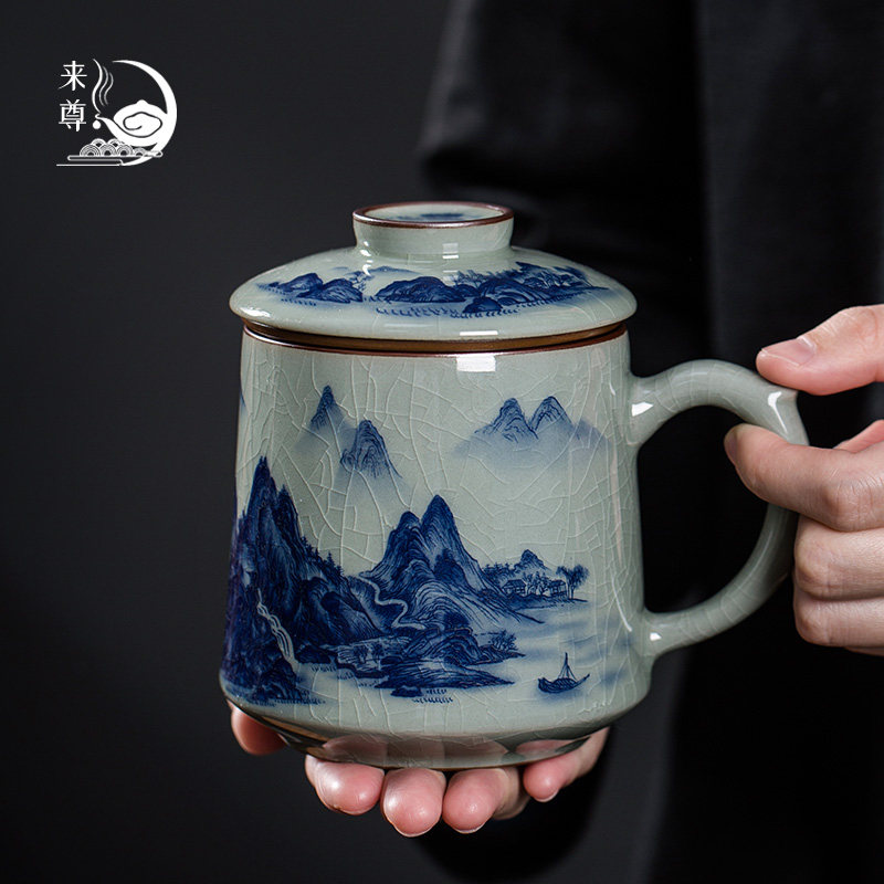 景德镇青花陶瓷泡茶茶杯茶水分离办公过滤带盖子瓷杯子家用带把单