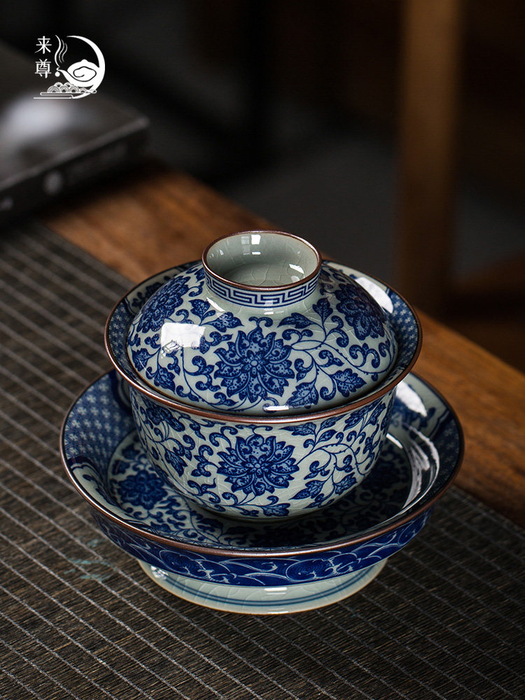 景德镇青花瓷缠枝莲大号三才盖碗茶杯家用防烫高档泡茶碗茶具套装