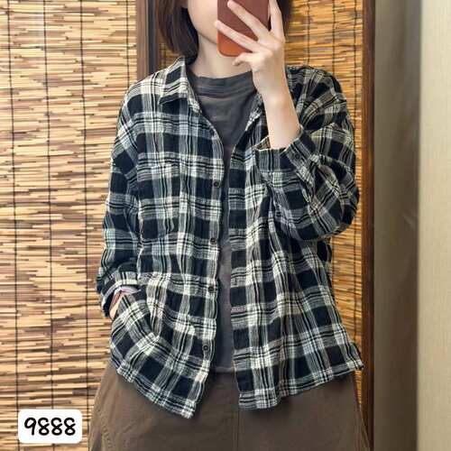 9888希哦正品棉麻大格子长袖衬衫女款宽松显瘦百搭休闲上衣