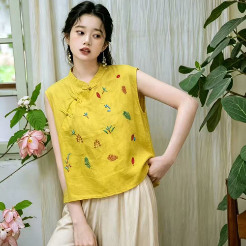 338苎麻盘扣刺绣衬衣衬衫女款90-150斤