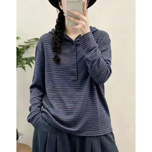 419棉质条纹连帽半开领长袖上衣女款宽松显瘦百搭秋冬打底衫