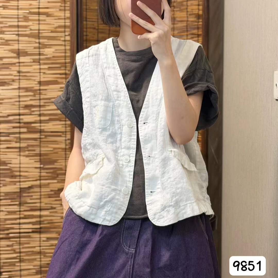 9851希哦正品纯亚麻复古宽松无袖百搭休闲气质马甲女款秋季外搭图片
