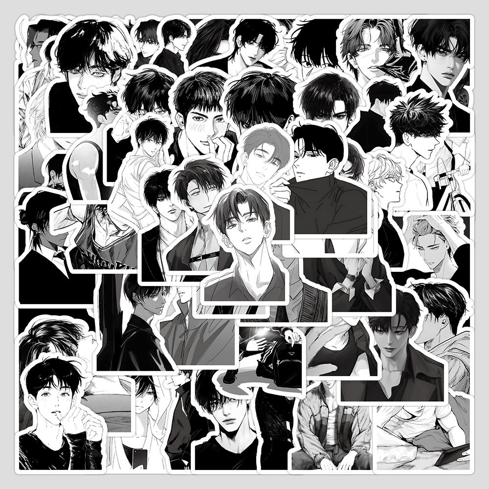 63张黑白帅哥贴纸 二次元高颜值炫酷痞帅漫画大帅哥手机壳小贴画