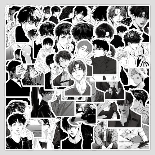 63张黑白帅哥贴纸 二次元高颜值炫酷痞帅漫画大帅哥手机壳小贴画