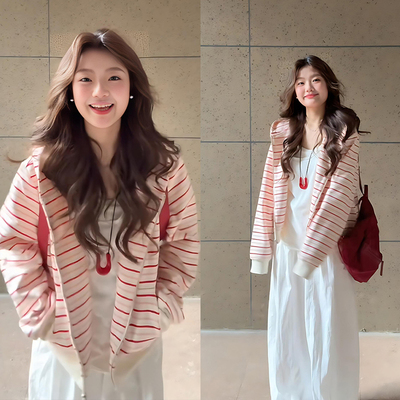 粉色条纹开衫卫衣女春秋慵懒风韩系宽松连帽拉链外套设计感别致潮