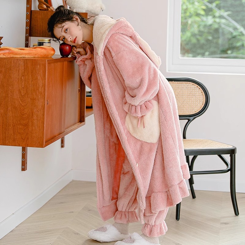 珊瑚绒睡衣女秋冬季长款睡袍