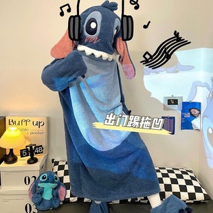 史迪奇连体睡衣珊瑚绒搞怪睡袍睡袋冬季女卡通套头玩偶装男可外穿