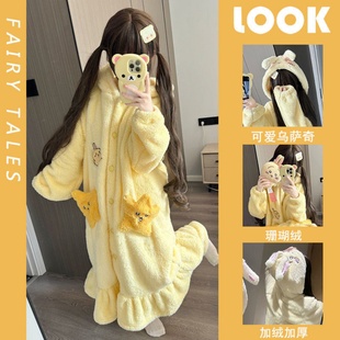 乌萨奇睡袍冬季睡衣女款卡通可爱珊瑚绒家居服加厚加绒长款浴袍女