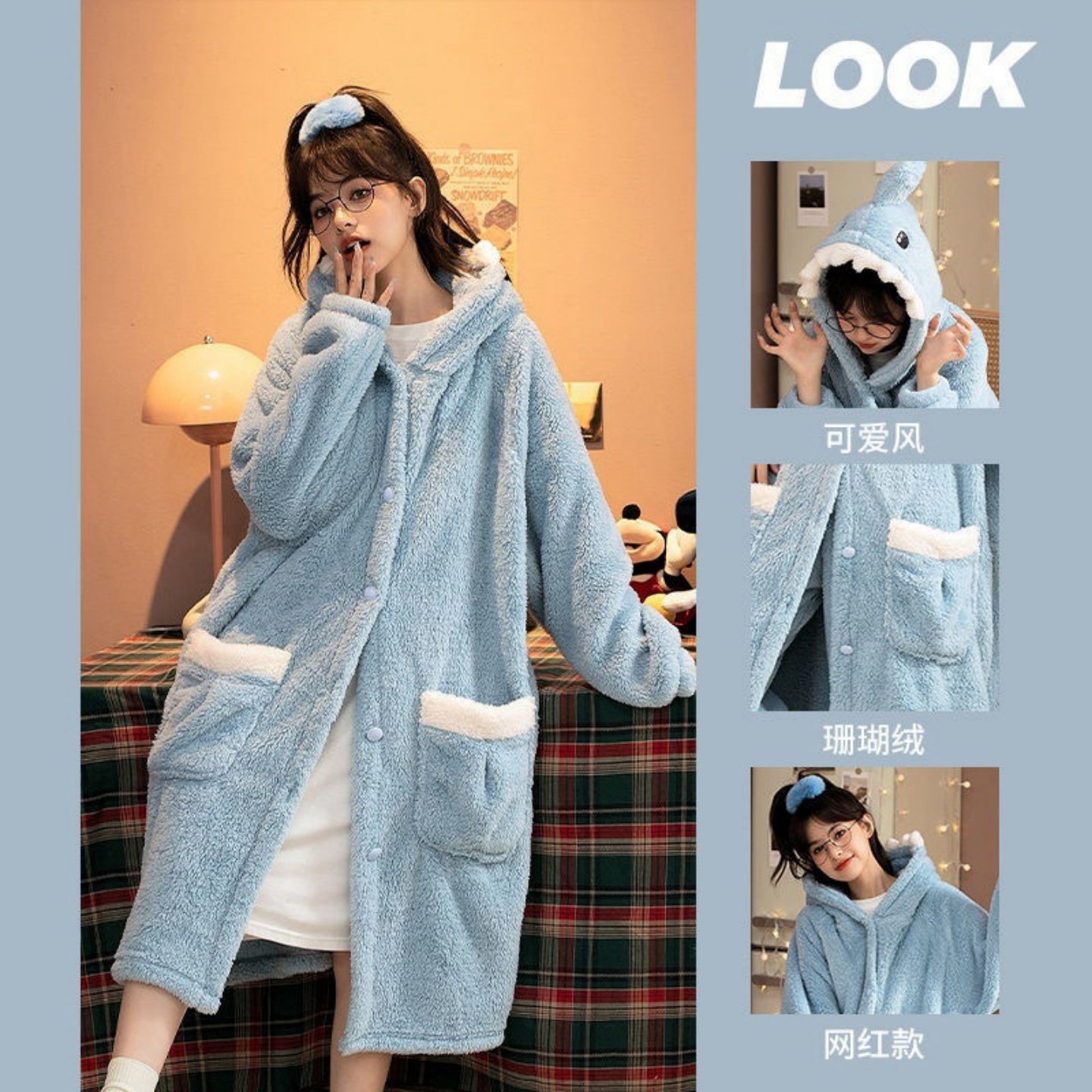 蓝鲸睡袍秋冬季女款睡衣2025新款加绒加厚珊瑚绒女士家居服浴袍