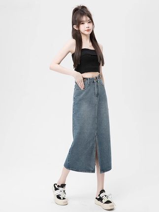 靓丽阁大码女装秋冬款高腰开叉牛仔半身裙女中长款遮胯a字包臀裙
