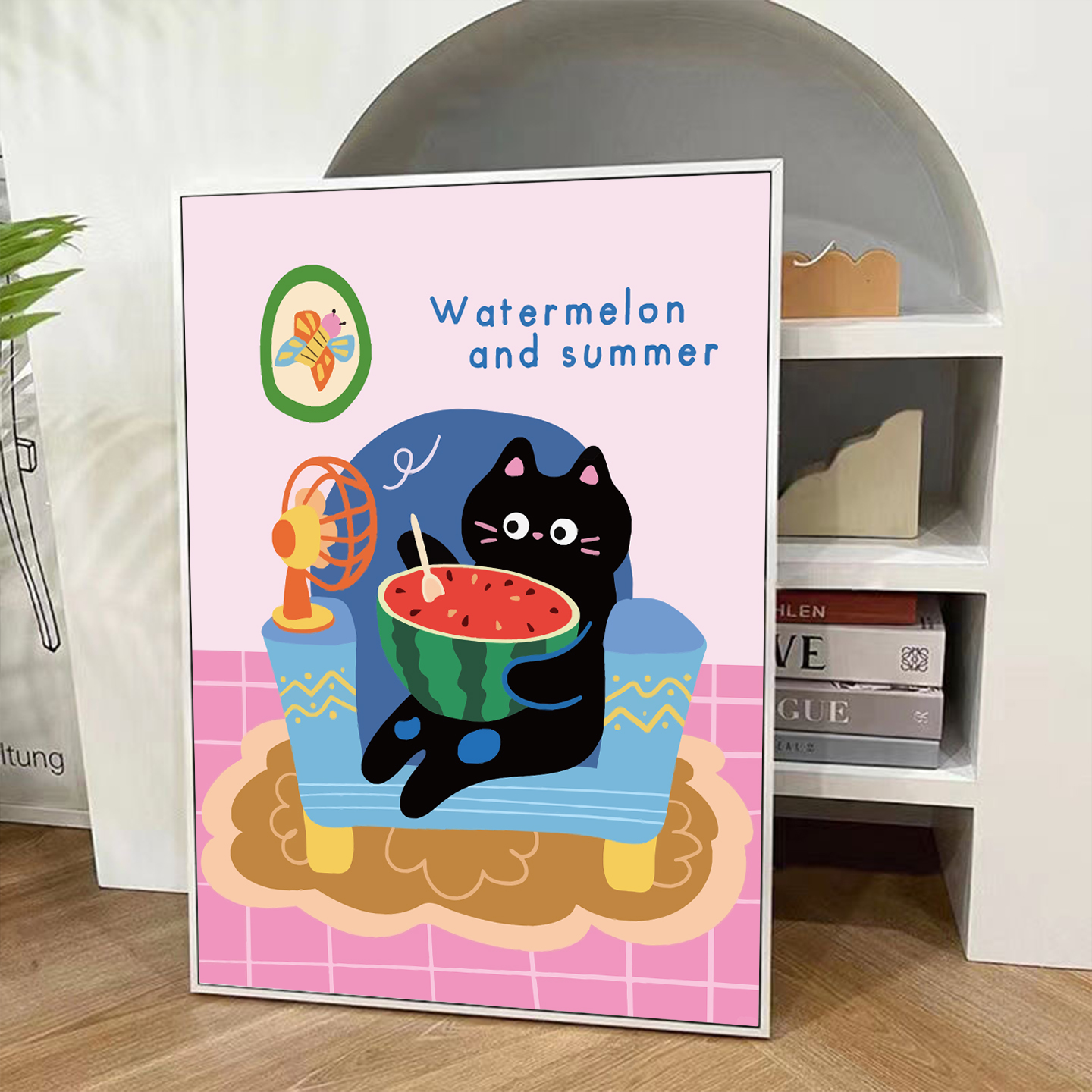 夏日里的小黑猫diy数字油画可爱卡通手绘丙烯猫咪客厅装饰油彩画图片