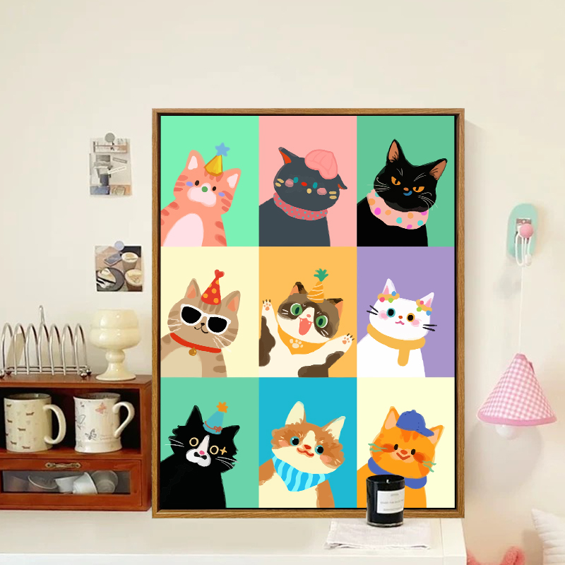 卡通多巴胺猫咪数字油画diy手工丙烯填充填色定制九宫格装饰挂画图片