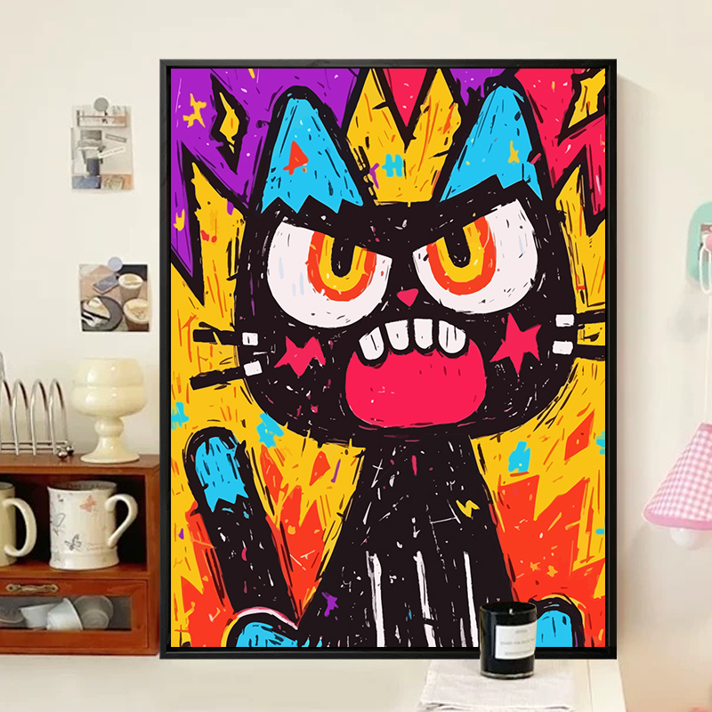 愤怒的猫 卡通艺术涂鸦数字油画diy填色填充画手工丙烯涂色装饰画图片