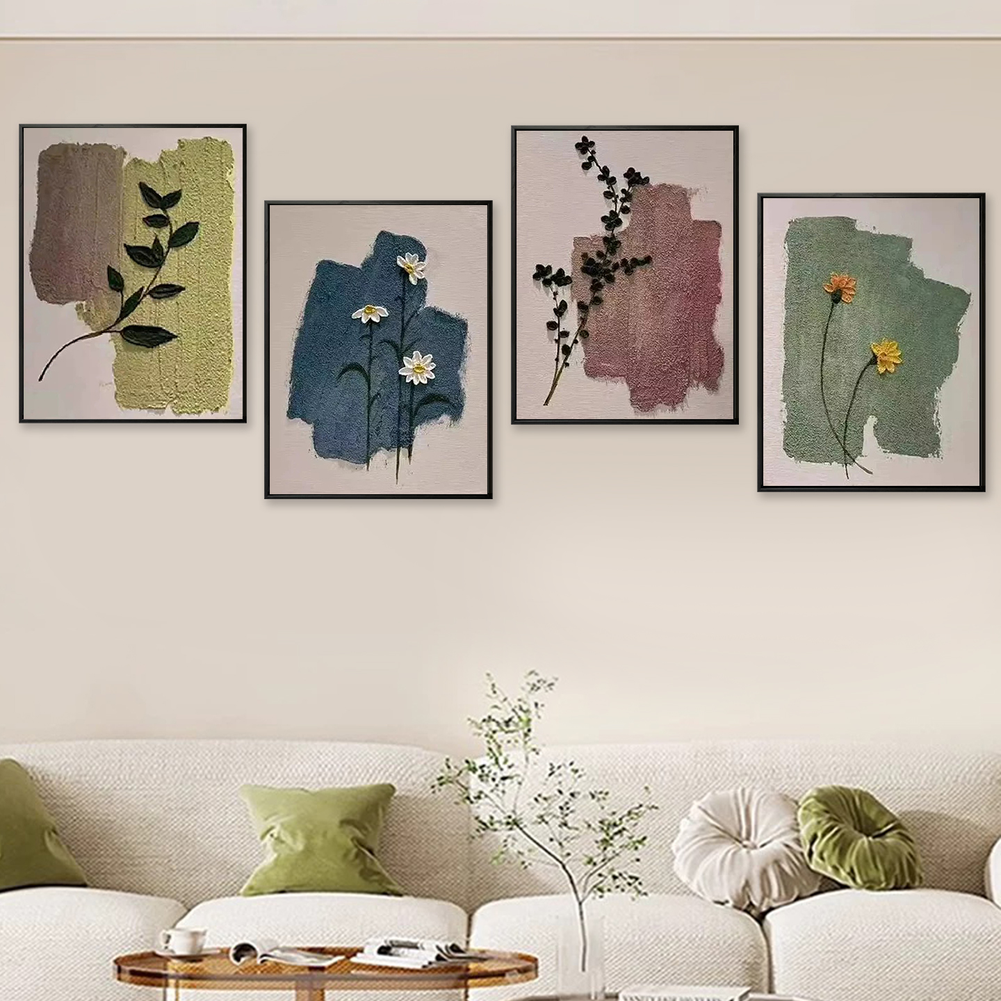 莫兰迪色系花卉极简肌理画diy数字油画石英砂手绘填充丙烯装饰画图片