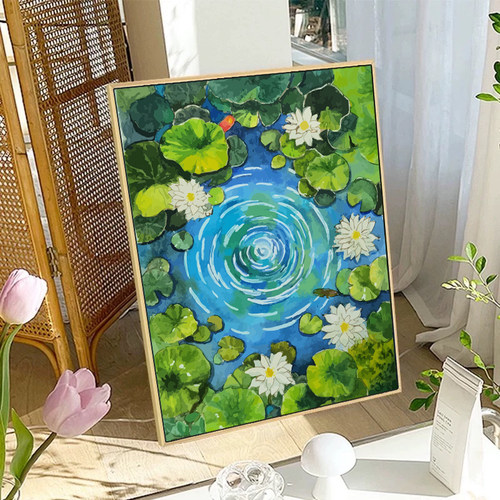 高级卡通锦鲤荷花水彩数字油彩画
