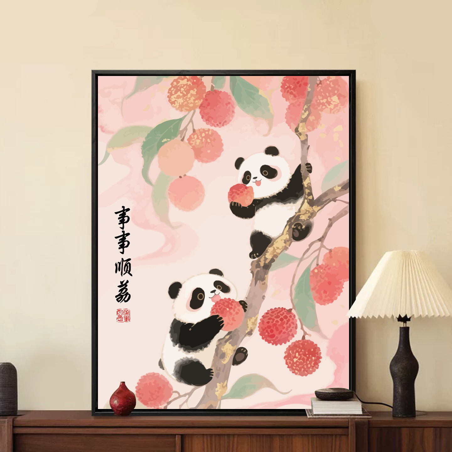 事事顺荔新中式diy数字油画小熊猫手绘填充丙烯画客厅摆件装饰画图片