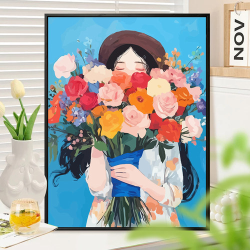 卡通唯美捧花少女丙烯油彩画diy