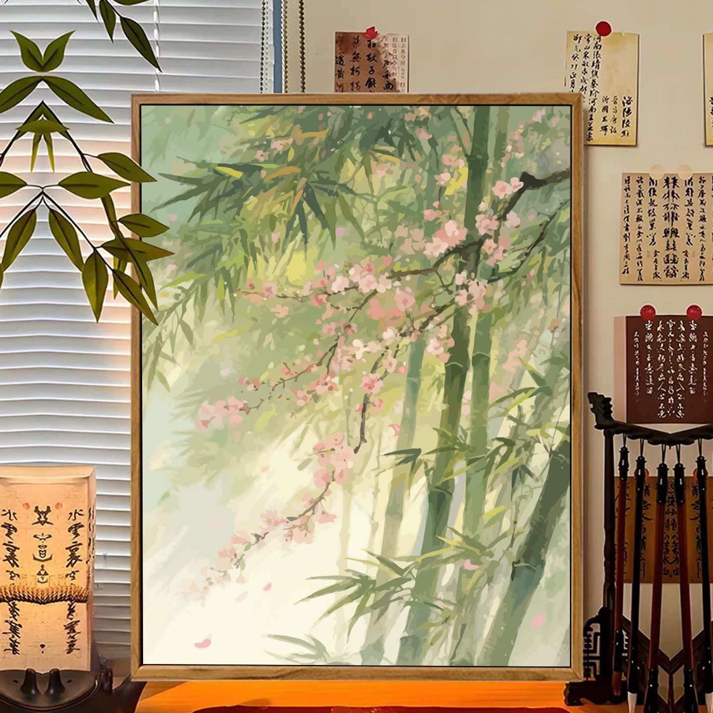 桃花竹子竹报平安diy数字油画节节高升手绘填涂色玄关丙烯装饰画图片