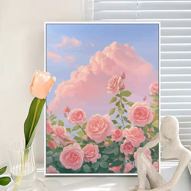 落日玫瑰数字油画diy丙烯填充填色手绘画画手工风景卧室装饰挂画图片