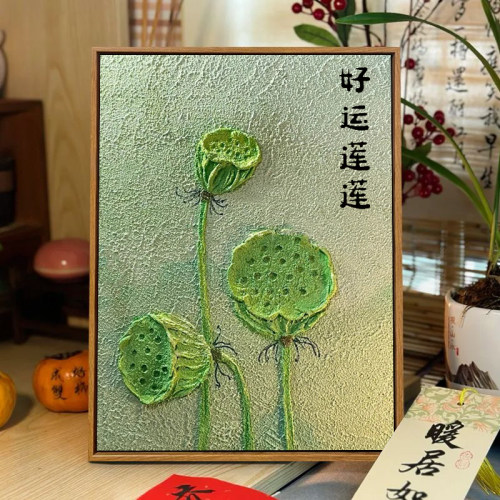 丙烯中式简约荷花数字油画肌理画