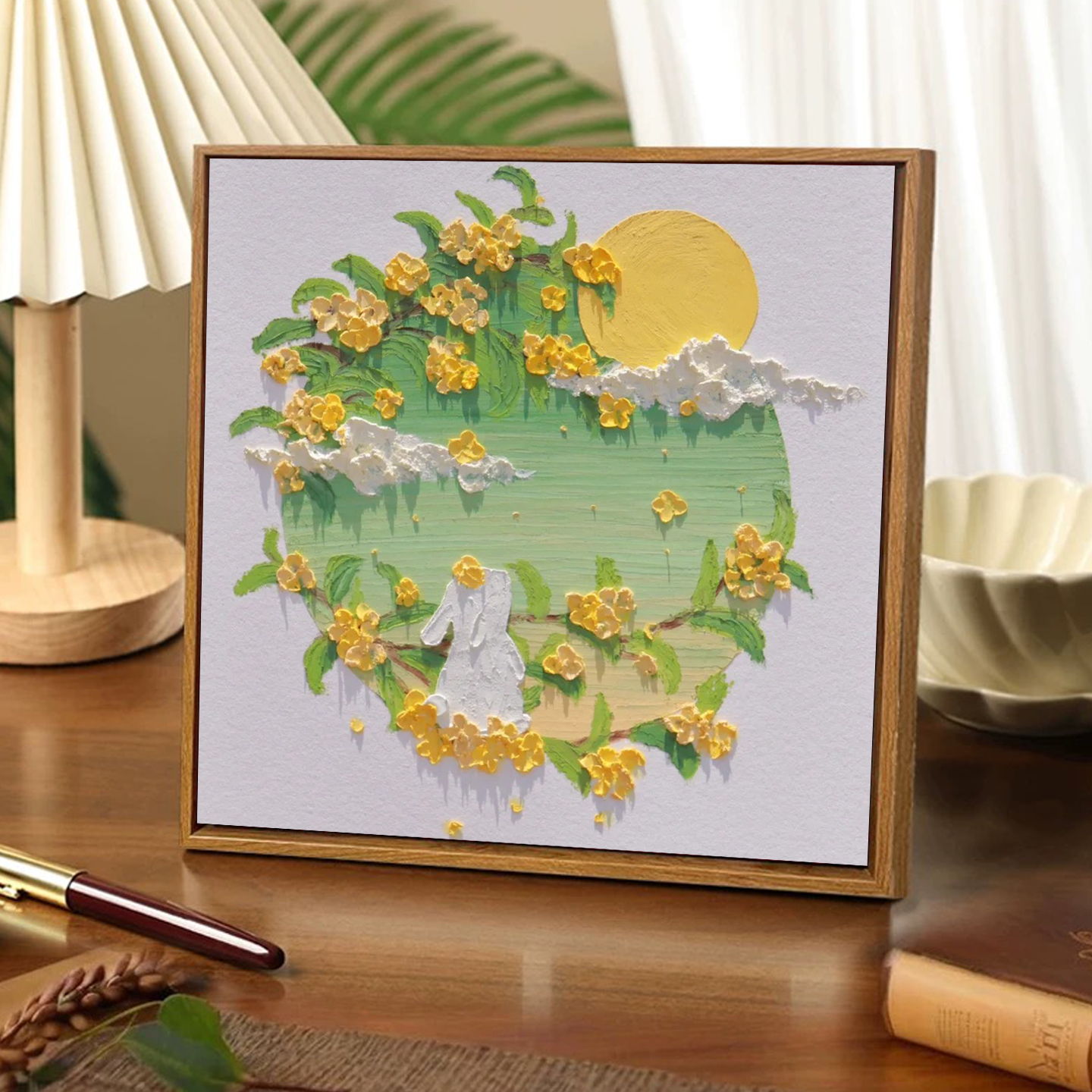 桂花小兔子立体石英砂肌理画diy