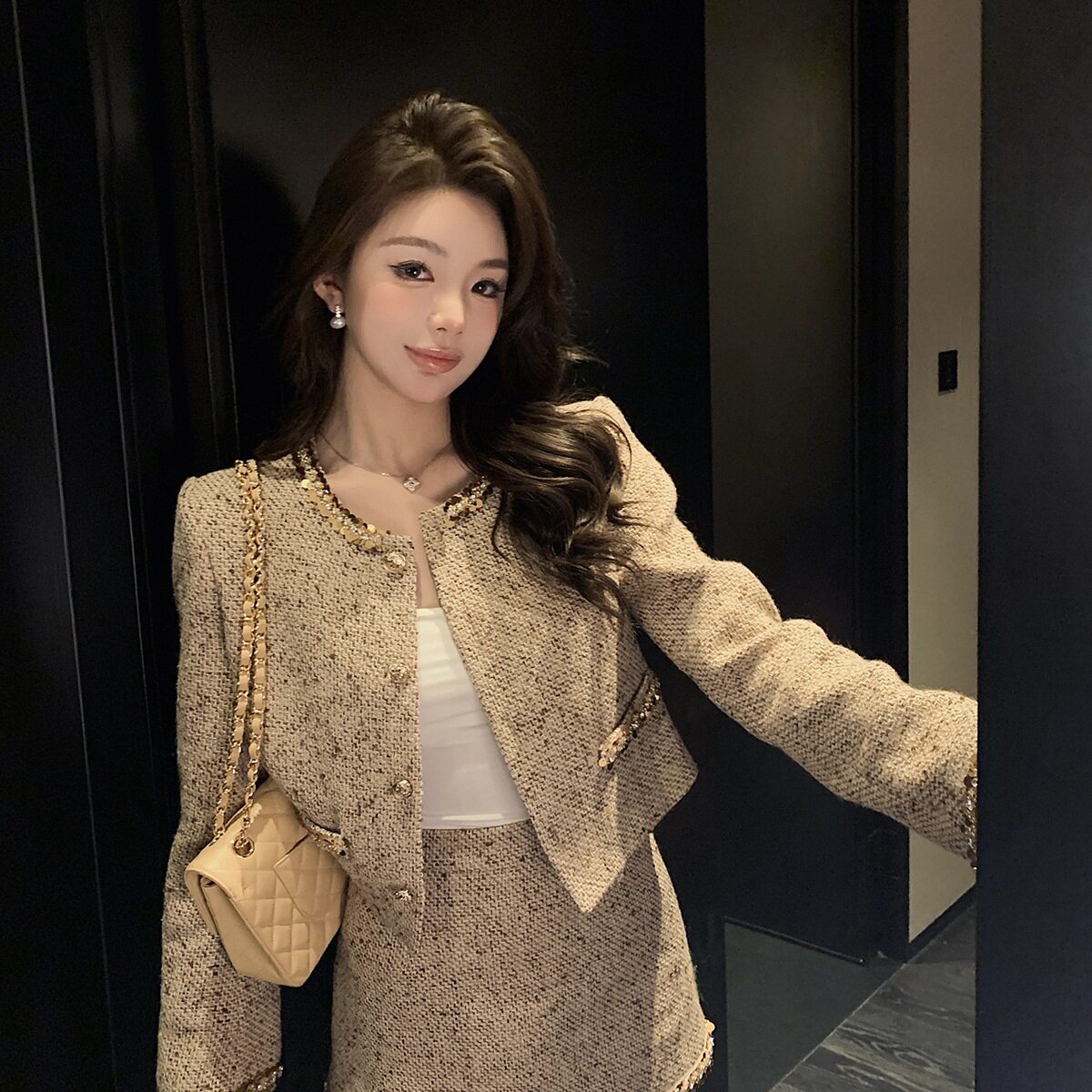 亮片精致小香风套装女小个子新款轻奢气质粗花呢外套半身裙