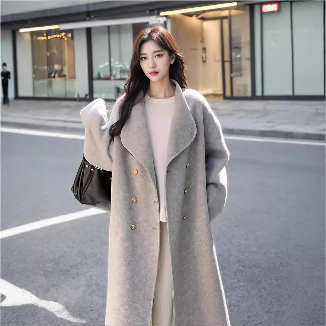 高级感超系羊毛灰色双面羊绒大衣女秋冬加厚宽松新款羊毛呢子