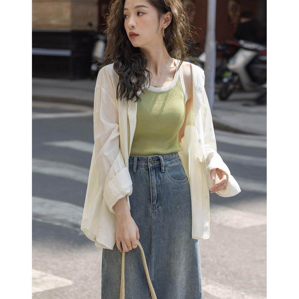 薄款奶油色衬衫女夏季小众设计感长袖防晒衫外套背心半身裙三件套