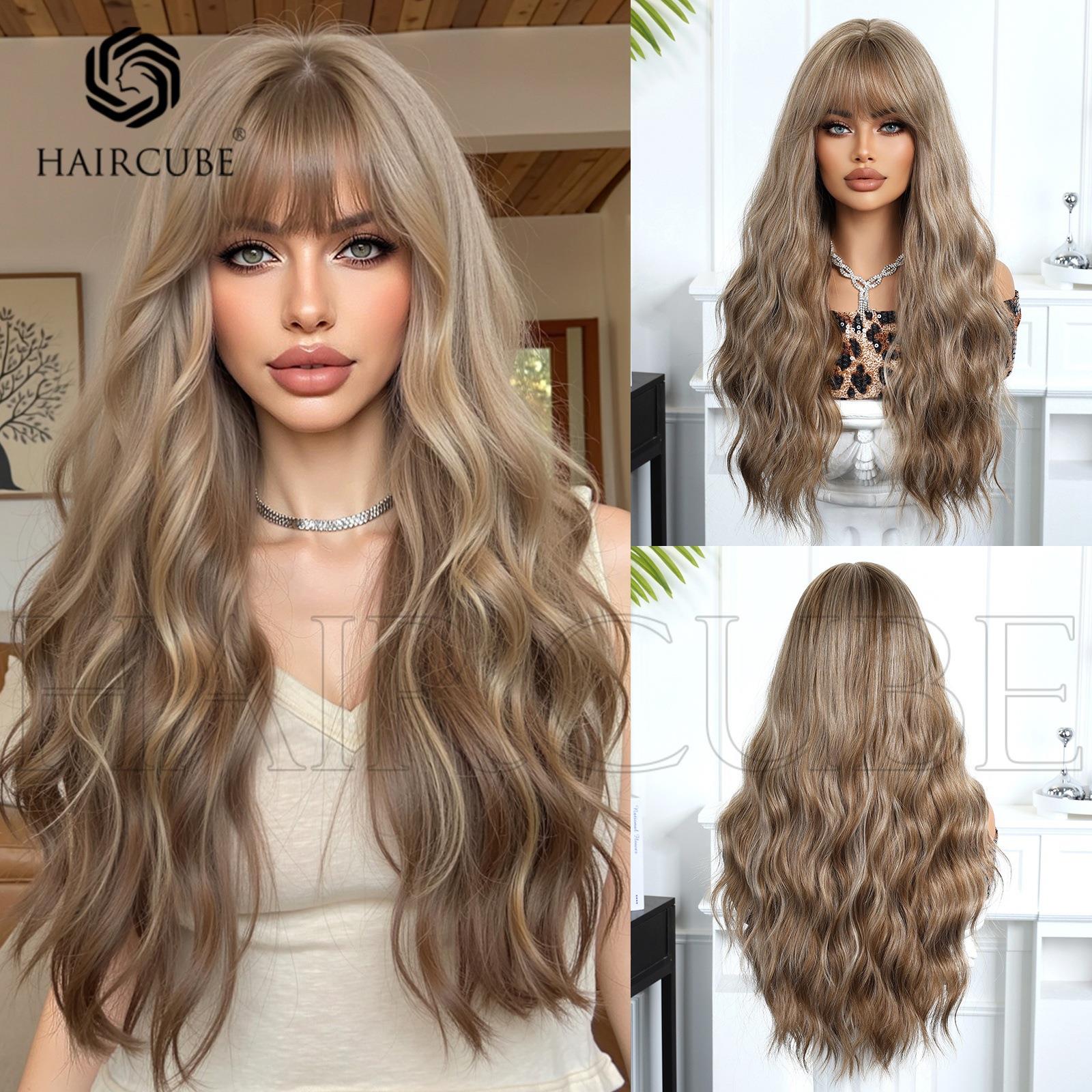 工厂假发头套化纤发全机制齐刘海长卷发高温丝挑染色女士跨境