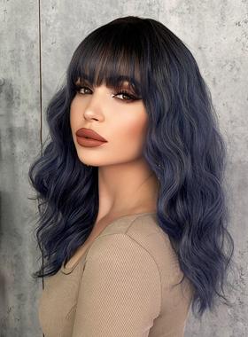 跨境日韩假发女雾霾蓝色波浪卷中长卷发高温丝假发套Blue Wigs