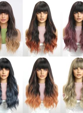 欧美假发女长发大波浪 空气刘海渐变蓝色全头套 哑光高温丝wigs
