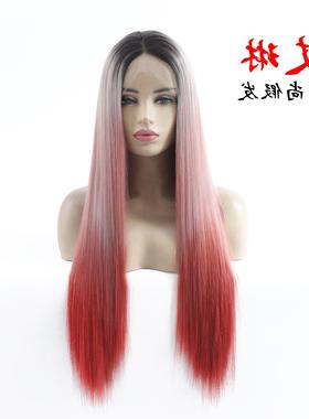 中分顺直三色黑渐变中灰/砖红色前蕾丝半手工假发 front lace wig