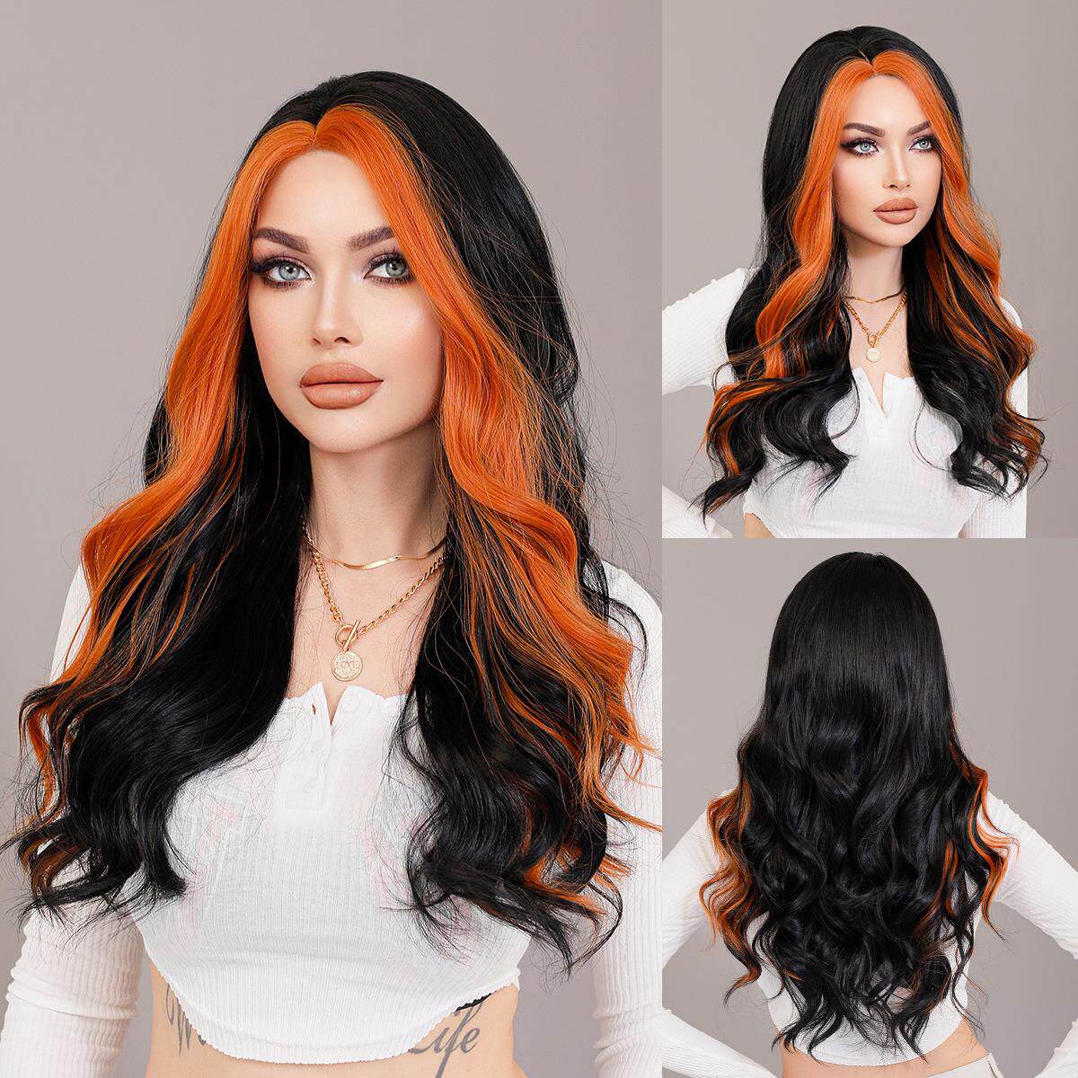 小额蕾丝亚裔挑染橙色长卷发大波浪中分假发自然发缝假发女全头套