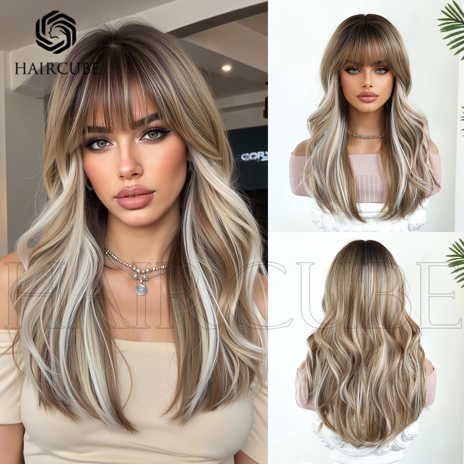 假发长卷发新款棕色挑染齐刘海中长卷发机制化纤头套自然工厂